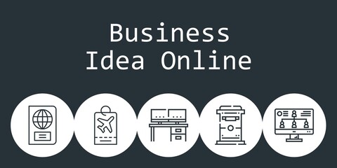 Poster - business idea online background concept with business idea online icons. Icons related mailbox, passport, desk, monitor, tag