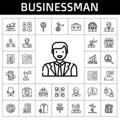 Wall Mural - businessman icon set. line icon style. businessman related icons such as office chair, stretching, employee, negotiation, unicycle, domino, man, businesswoman, tasks, profits