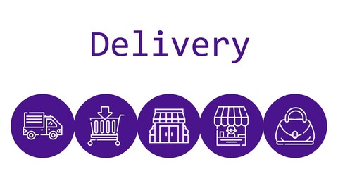 Sticker - delivery background concept with delivery icons. Icons related basket, shop, stores, delivery truck, hand bag