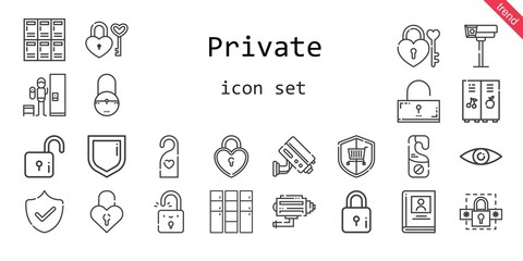Poster - private icon set. line icon style. private related icons such as security, password, door hanger, lock, lockers, biography, cctv, padlock, locker, unlocked, doorknob,