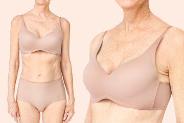 Sticker - Senior woman in nude bra and underwear with design space