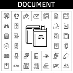 Poster - document icon set. line icon style. document related icons such as agreement, printer, book, drawer, archive, checklist, biography, filing cabinet, pencil, outbox, clipboard