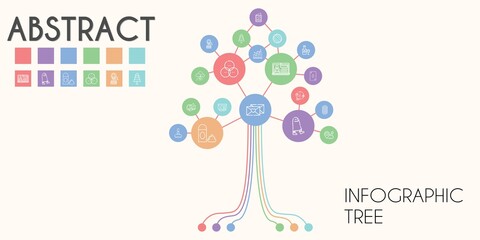 abstract vector infographic tree. line icon style. abstract related icons such as news, storm, pine, foam, bar graph, stamp, pie chart, thread, rgb, ace of diamonds, lion