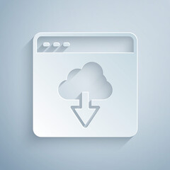 Wall Mural - Paper cut Cloud technology data transfer and storage icon isolated on grey background. Paper art style. Vector