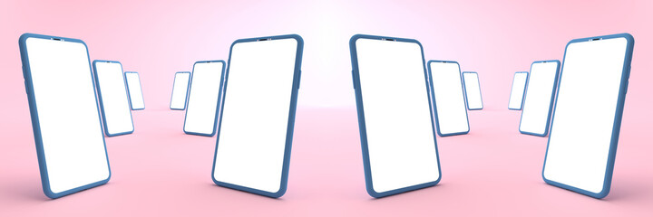 Wall Mural - 3d rendering of mockups blue smartphone white screen on pink floor, pink mobile phone lay down on th