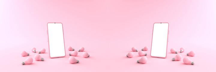Wall Mural - 3d rendering of smartphone white screen surrounded by many pink light bulbs placed on a pastel pink 