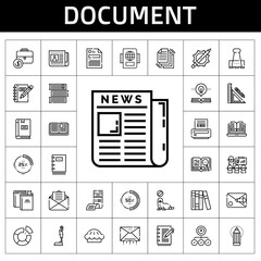 Poster - document icon set. line icon style. document related icons such as newspaper, paper clip, book, seal, bill, pie chart, pencil, pie, presentation, task, books, file, open book