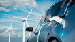Car charging on the background of a windmills. Charging electric car. Electric car charging on wind turbines background. Vehicles using renewable energy. 3d render