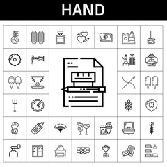 Poster - hand icon set. line icon style. hand related icons such as garter, cocktails, wiping, cold water, robot, detergent, fan, ice cream, laundry, love letter, wheat, trophy