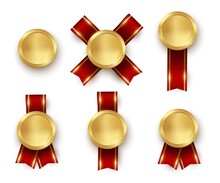 Golden Medals Or Medallions Badges With Red Ribbons Set. Realistic Shiny Prize Awards For Winners Vector Illustration. Empty Round Retro Emblems Design On White Background.