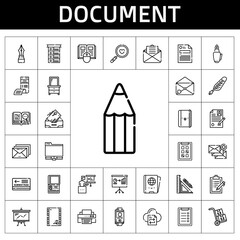 Poster - document icon set. line icon style. document related icons such as book, clipboard, presentation, file, passport, fountain pen, open book, pen, stationery, magnifying glass, email