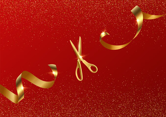 Golden scissors cut ribbon realistic illustration. Grand opening ceremony symbols, 3d accessories on red glittering background. Traditional ritual before launching new business, campaign.