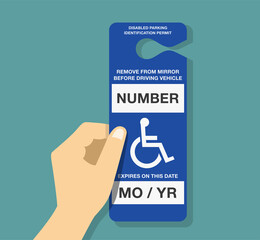 Wall Mural - Hand holding a handicap placard. Disabled parking permit identification card. Isolated flat vector illustration template.