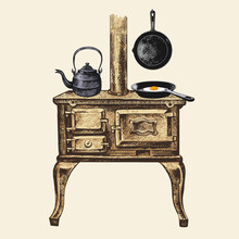 .Antique Cast Iron Stove ,kettle And  One Egg In A  Skillet .  Vector Vintage Drawing Of Wood Burning Stove. Retro Style..