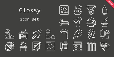 Canvas Print - glossy icon set. line icon style. glossy related icons such as calculator, foam, acorn, pencil, rss feed, shelf, debit card, lips, dressing table, ice cream, pencils, medal, ballons, fast forward