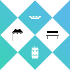 Wall Mural - Set Camping tent, Beer can, Hotdog sandwich and Bench icon. Vector