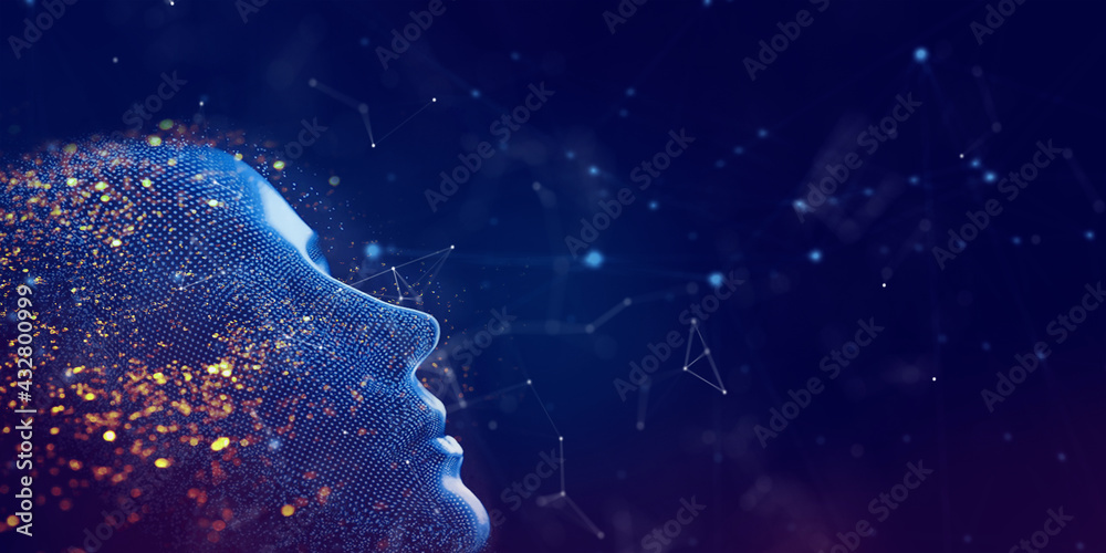 Big data and artificial intelligence concept. Machine learning and cyber mind domination concept in form of women face on dark blue technology background, 3d illustration. - obrazy, fototapety, plakaty 