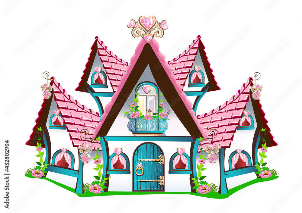 Image vectorielle Stock Fairy tale house with a pink roof, a balcony, a ...