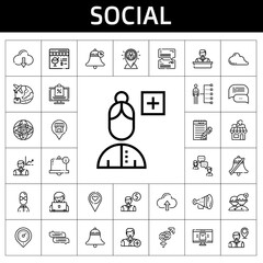 Poster - social icon set. line icon style. social related icons such as online shopping, shop, gender, protest, employee, bell, people, journalist, skills, online shop, add user, chat