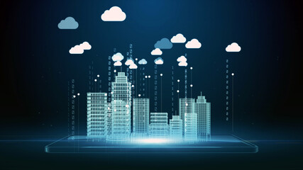 Poster - 3D Rendering, digital smartphone and smart city wireframe and cloud icon,  Cloud computing and technology digital data network connection background concept