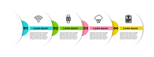 Sticker - Set line Wi-Fi wireless network, Smart watch heart beat rate, Cloud with rain and Clinical record. Business infographic template. Vector