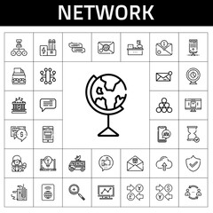 Poster - network icon set. line icon style. network related icons such as server, earth globe, news reporter, industry, satellite dish, laptop, carousel, network, analytics, online shop