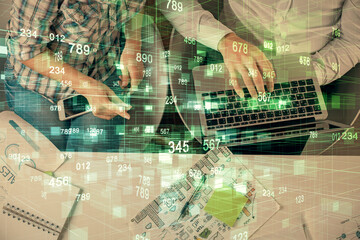 Fototapete - Double exposure of man and woman working together and data theme hologram drawing. Computer background. Top View.