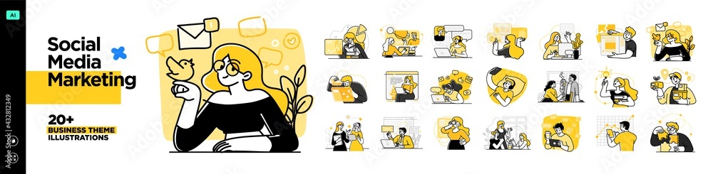 Social Media Marketing illustrations. Mega set. Collection of scenes with men and women taking part in business activities. Trendy vector style - obrazy, fototapety, plakaty 