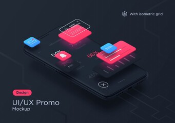 Modern smartphone app interface design mockup. Vector isometric illustration.
