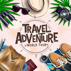 travel adventure vector design. travel adventure world tour text with tourist element like bag, snea