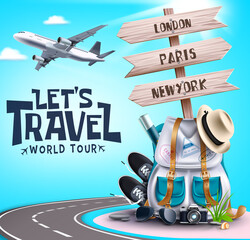 Let's travel world tour vector design. Let's travel world tour text with travelling elements like bag, sneakers and hat for international and worldwide adventure. Vector illustration
