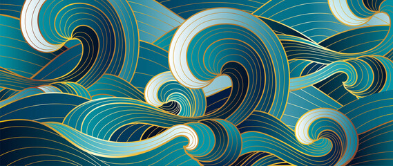 Gold abstract wave line arts background vector. Luxury wall paper design for prints, wall arts and home decoration, cover and packaging design.