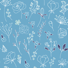 Poster - Floral vector seamless pattern with  flowers, berries, leaves and twigs. Beautiful hand drawn bouquets in pastel colors in vintage style.