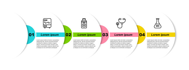 Poster - Set line Monitor with cardiogram, Organ container, Stethoscope and Test tube and flask. Business infographic template. Vector