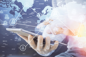 Poster - Double exposure of man's hands holding and using a phone and social network theme drawing.