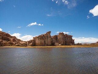 Panorama view of eroded stone rock formation landscape at Laguna Negra Canyon Valley in Uyuni Sur Lipez Potosi Bolivia