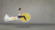 © Studio Romantic - Make dream come true. Side view confident hipster girl with drive to succeed riding yellow cartoon doodle idea light bulb rocket. Modern business header, year 2021 ultimate gray and illuminating color