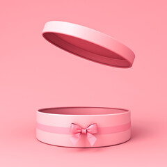 Aufkleber - Blank open pink round gift box or cylinder present box with pink ribbon bow isolated on light pink orange pastel color background with shadow minimal conceptual 3D rendering