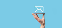 Male Hand Holding Letter Icon,email Icons .Contact Us By Newsletter Email And Protect Your Personal Information From Spam Mail. Customer Service Call Center Contact Us.Email Marketing And Newsletter