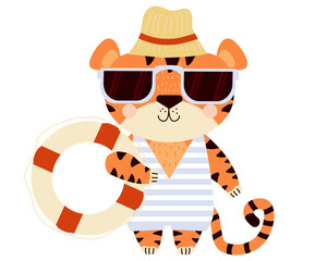 Cute tiger. beach guy - Funny striped character on the beach in sunglasses, a hat, a swimsuit and a lifebuoy in a paw. Vector illustration. For design, printing, card and decora 