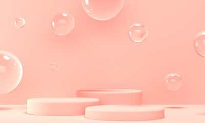 Poster - Three podiums for cosmetics on a pink background with transparent flying bubbles. Backdrop design for product promotion. 3d rendering