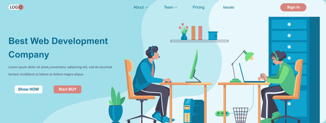 Wall Mural - Best Web Development Company banner concept. Developers team working on project, programists coding at computers landing page template. Vector illustration with people characters in flat design