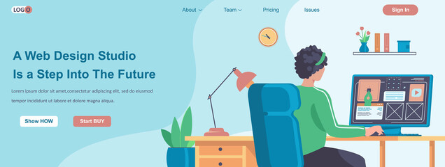 Poster - Web Design Studio Is a Step Into The Future banner concept. Designer creates layout of site, makes website at office landing page template. Vector illustration with people characters in flat design