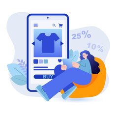 Poster - Online shopping concept. Woman makes purchases using smartphone scene. Mobile application for shopping on store website with online payment. Vector illustration with people character in flat design