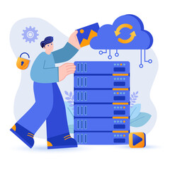 Aufkleber - Cloud storage concept. Man uses Internet storage services scene. Servers racks, online databases, networks, software, analytics, security. Vector illustration with people character in flat design