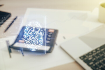 Aufkleber - Multi exposure of virtual graphic fingerprint sketch on blurry calculator and computer background, fingerprint scan data concept