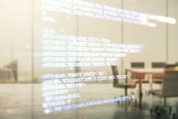 Poster - Double exposure of abstract programming language interface on a modern meeting room background, research and development concept