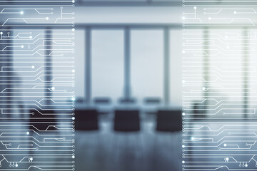 Poster - Abstract virtual micro chip hologram on a modern coworking room background, artificial intelligence and machine learning concept. Multi exposure