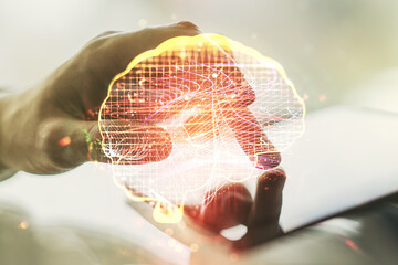 Aufkleber - Creative artificial Intelligence concept with human brain sketch and finger presses on a digital tablet on background. Double exposure