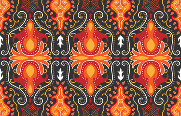 Seamless red-orange fabric pattern adorned with traditional Central Asian motifs.EP.2